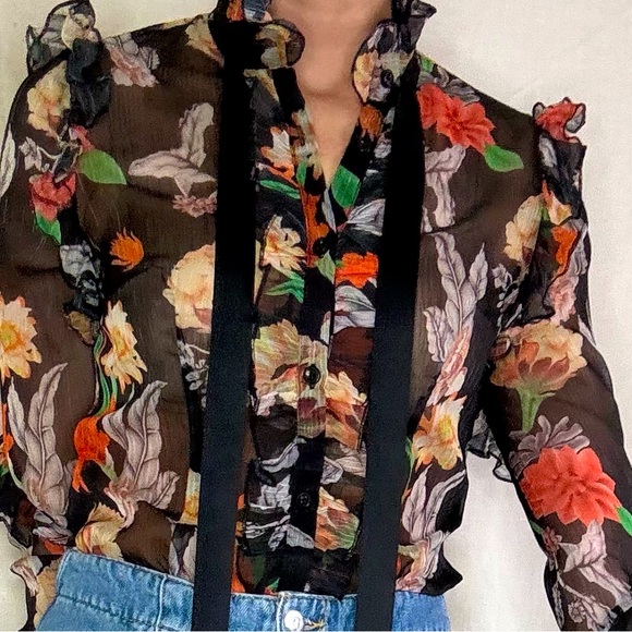 Jade & Cloud Sheer Button up Floral, Ruffle Black Bodysuit,  Size Small - Picture 10 of 15